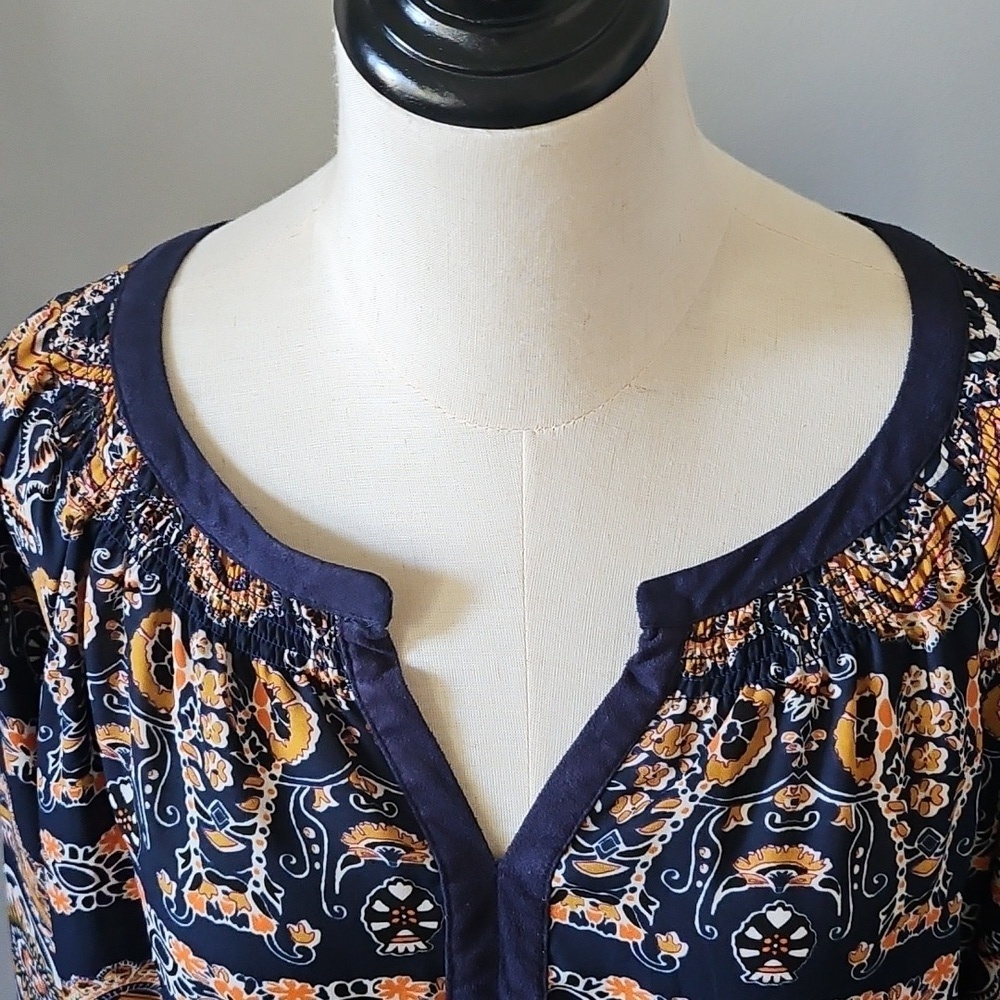 Valerie Stevens Navy, Orange, and Gold Patterned Popover Blouse - Picture 4 of 14